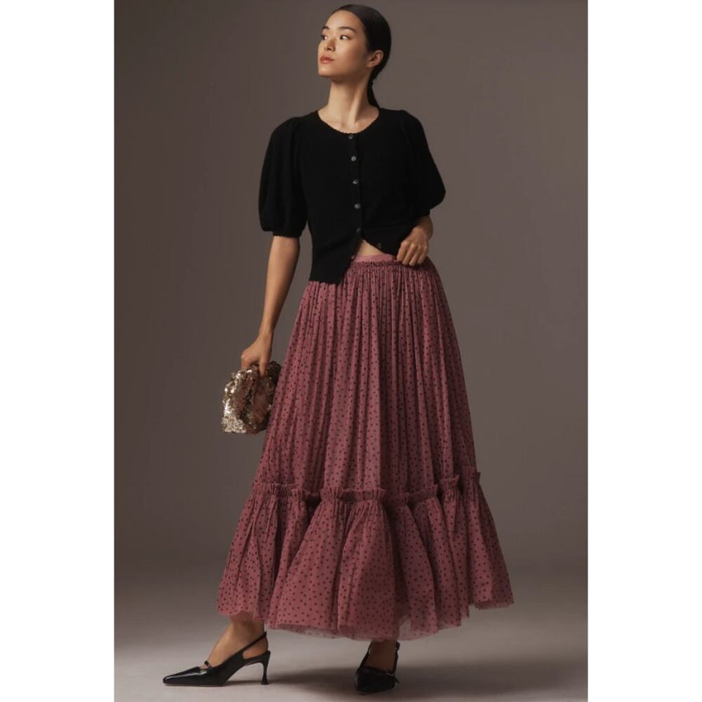 Anthropologie Maeve Tiered Tulle Polka Dot Midi Maxi Skirt Pink Purple Small